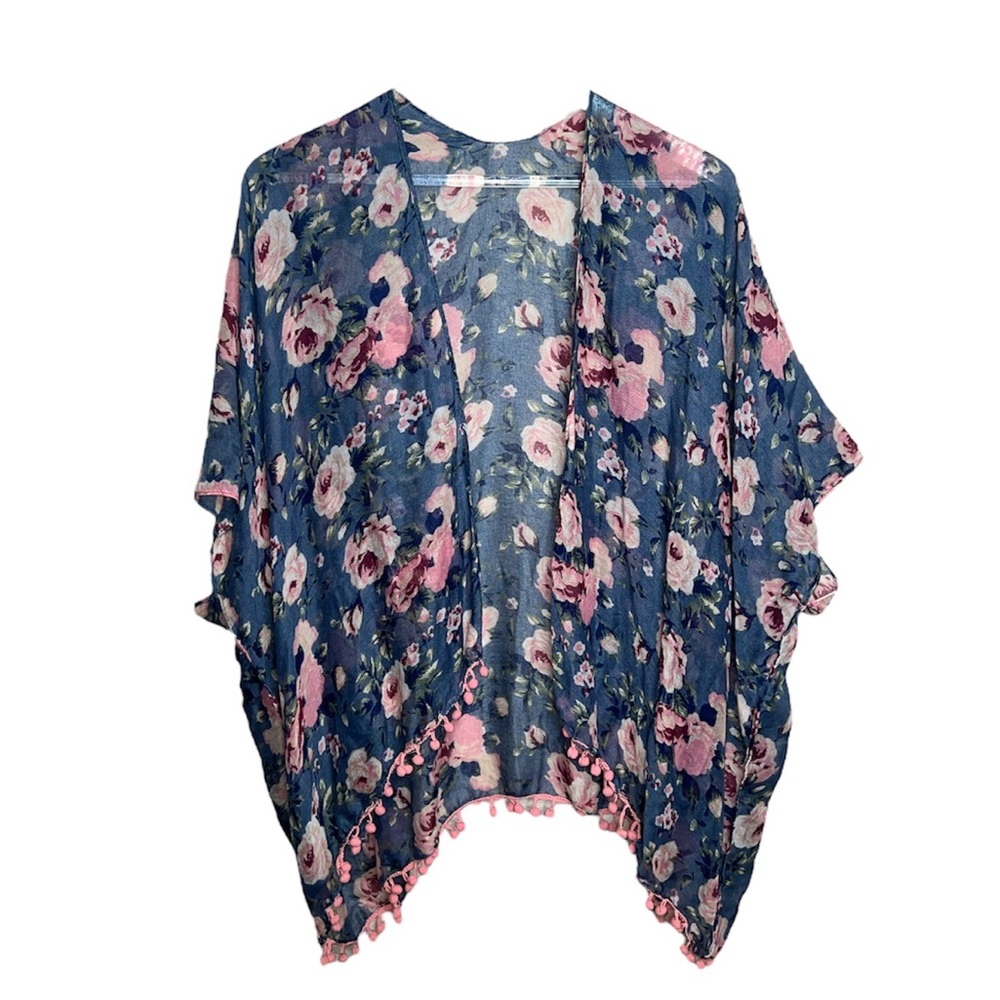 Floral Cardigan W/ Pom pom Hem